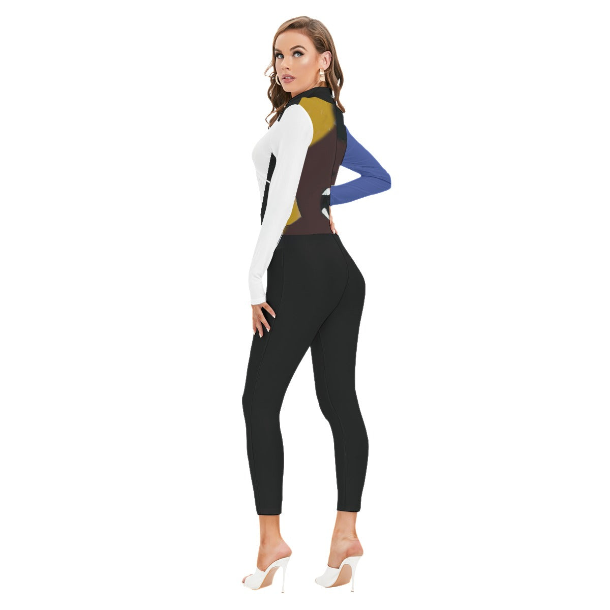 All-Over Print Women's Long-sleeved High-neck Jumpsuit With Zipper